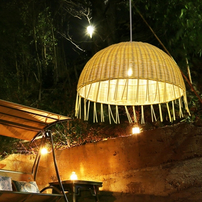 Beige Domed Shaped Hanging Lamp Kit Modern Style 1 Light Bamboo Down Lighting for Dining Room