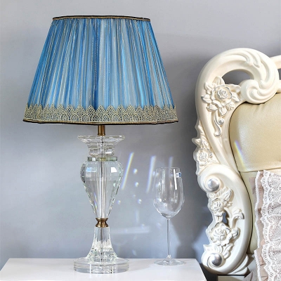 Blue 1 Light Table Lamp Traditionalist Faceted Crystal Urn Nightstand Light with Gathered Empire Shade
