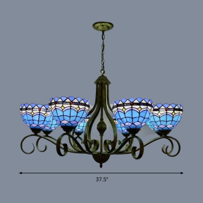 Blue Domed Chandelier Pendant Light Mediterranean 3/6/8 Lights Stained Glass Hanging Lamp, 25.5