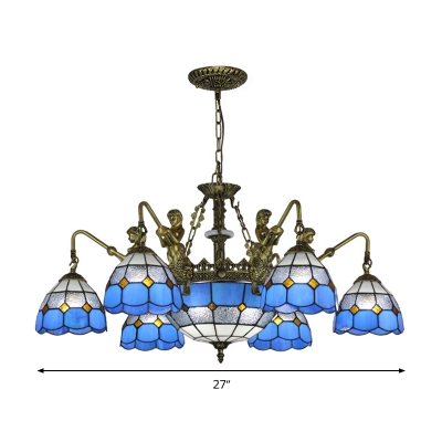 Blue Mermaid Chandelier Light Fixture Mediterranean 3/5/9 Bulbs Multicolored Stained Glass Pendant Lamp for Kitchen
