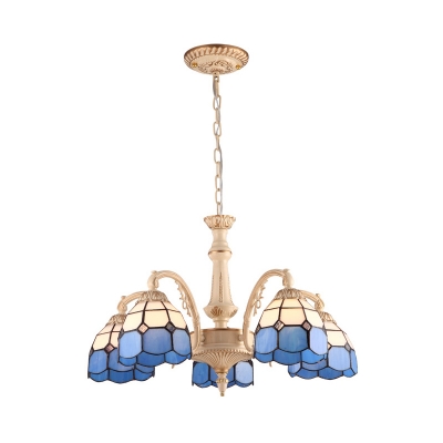 Blue/Yellow Grid Patterned Chandelier Lighting Fixture Tiffany 3/5 Lights Cut Glass Hanging Ceiling Light