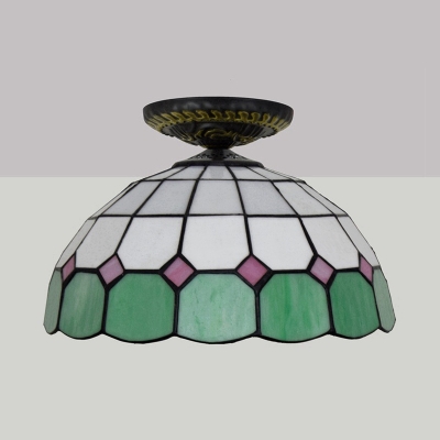 Bowl Ceiling Flush Tiffany-Style Stained Art Glass 1 Head Green/Orange/Blue Flush Mount Lighting Fixture