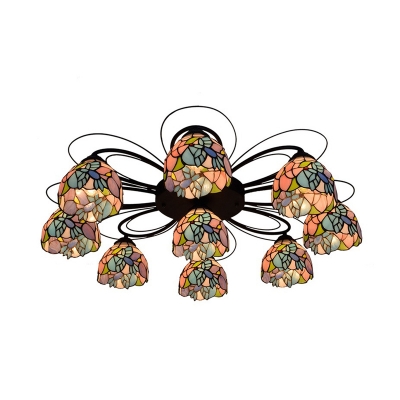 Bowl Semi Flush Mount Lighting Tiffany Multicoloured Stained Glass 3/7/9 Heads Orange/Green/Red Ceiling Fixture