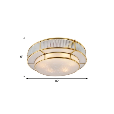 Brass 3/4 Lights Ceiling Mount Classic Frosted Glass Drum Flush Light Fixture for Corridor, 16