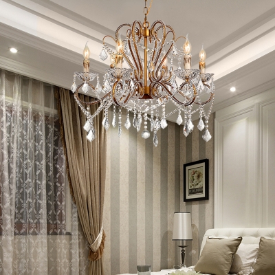 Brass 6/8 Lights Chandelier Minimalism Crystal Curved Arm Suspension Lighting Fixture for Living Room