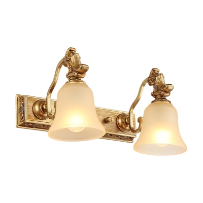 Brass Bell Vanity Light Fixture Traditional Ivory Glass 1/2/3 Heads Bathroom Wall Sconce Lighting