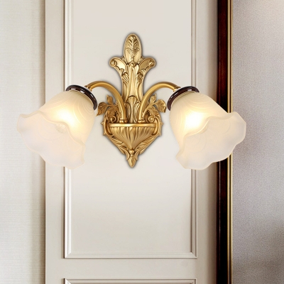 Brass Curved Wall Light Sconce Classic Stylish 1/2-Head Bedroom Wall Lamp with Milky Glass Petal Shade