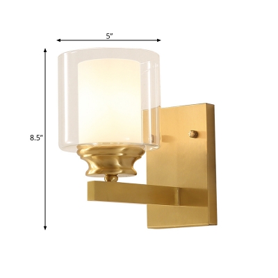Brass Finish Drum Wall Light Fixture Modern Style Double Glass 1 Bulb Living Room Sconce Lighting