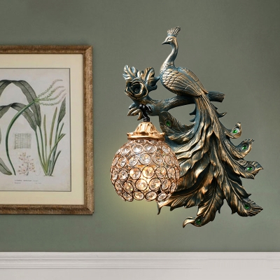 Bronze Peacock Wall Light Fixture Traditional 1 Head Resin Sconce Light with Clear Crystal Dome Lamp Shade, Left/Right