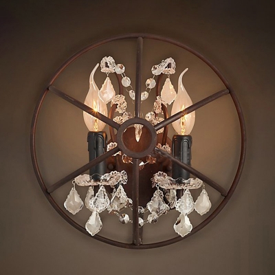 Circle Bedroom Wall Sconce Industrial Clear Crystal Glass 2/3 Heads Rust Wall Lighting Fixture