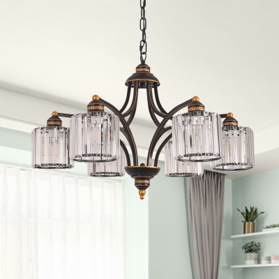 Clear Cylinder Chandelier Light Fixture Traditional Three Sided Crystal Rod 3/5/6 Heads Living Room Hanging Light Kit
