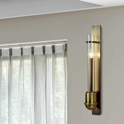 Column Clear Glass Sconce Traditionalism 1 Head Living Room LED Wall Light Fixture in Brass