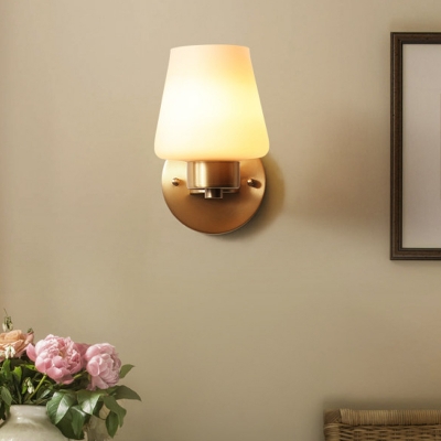 Cone Milk Glass Wall Lamp Traditional Stylish 1 Light Bedroom Wall Sconce Light with Brass Round Backplate