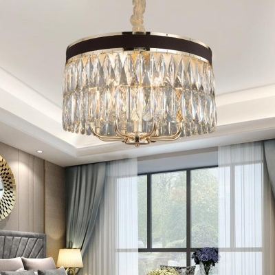 Contemporary Drum Ceiling Chandelier Crystal 8 Bulbs Suspended Lighting Fixture in Black-Gold