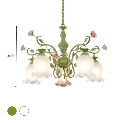Countryside Flower Hanging Pendant 5 Heads Opal Glass Chandelier Lighting Fixture in White/Green for Living Room