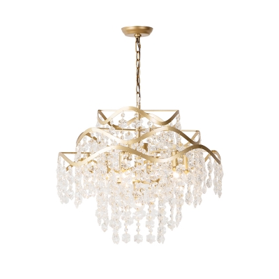 Crystal Cascade Hanging Chandelier Modern 4 Heads Brass Suspension Pendant Light with Adjustable Metal Chain