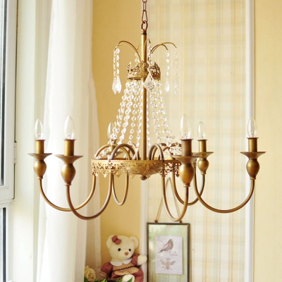 Crystal Gold/Grey Hanging Chandelier Swooping Arm 6 Lights Vintage Down Lighting Pendant for Living Room