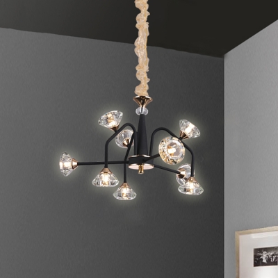 Curve Arm Pyramid Crystal Ceiling Light Traditional 9/12 Heads Bedroom Semi Flush Mount Fixture in Black
