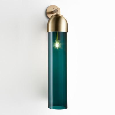 Cylinder Blue/Clear/Amber Glass Wall Light Modern 1 Head Flush Mount Wall Sconce with Curved Arm for Living Room