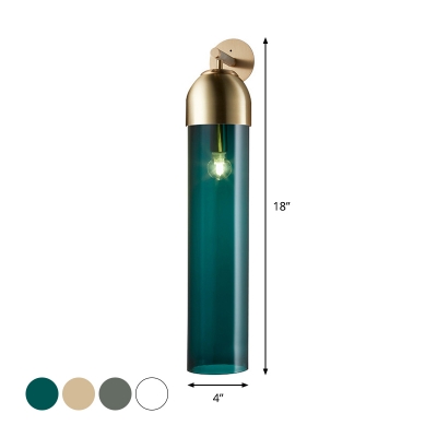 Cylinder Blue/Clear/Amber Glass Wall Light Modern 1 Head Flush Mount Wall Sconce with Curved Arm for Living Room