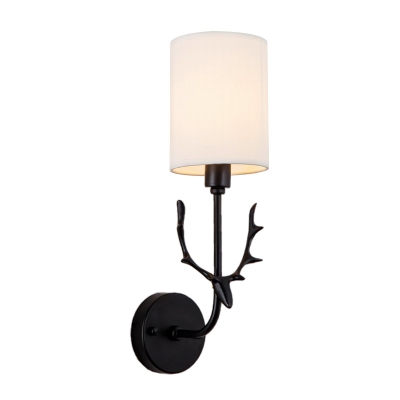 Cylinder Fabric Wall Lighting Countryside 1 Head Living Room Sconce Lamp Fixture in Black/Brass