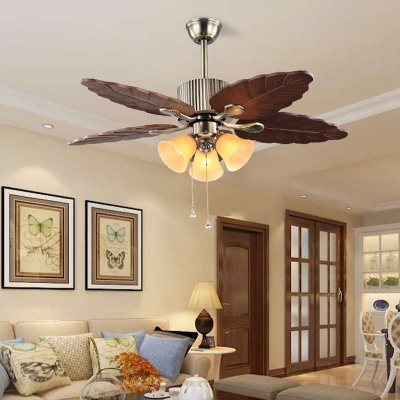 Dark Brown 3 Heads Ceiling Fan Lighting Vintage Wooden Leaf Semi Flush Mount for Bedroom