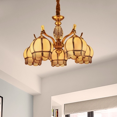 Domed Bedroom Chandelier Lighting Colonial Frosted Glass 5 Bulbs Gold Hanging Ceiling Light