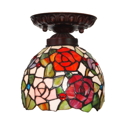 Domed Red/Pink/Orange Cut Glass Flush Light Fixture Mediterranean 1 Light Bronze Close to Ceiling Lamp