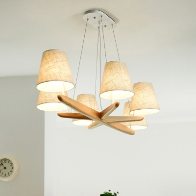 Flaxen Sputnik Chandelier Lighting Fixture Simple 6 Lights Wood Hanging Lamp with Tapered Fabric Shade