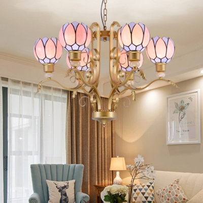 Floral Chandelier Light Tiffany-Style Stained Art Glass 3/5/6 Bulbs Pink Pendant Lighting for Bedroom