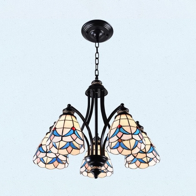 Flower Hanging Chandelier Tiffany-Style Handcrafted Stained Glass 3/5/6 Heads Black Drop Lamp