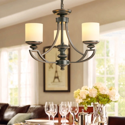 Frosted Glass Black Pendant Chandelier Cylinder 3/6 Lights Traditional Ceiling Hang Fixture for Living Room
