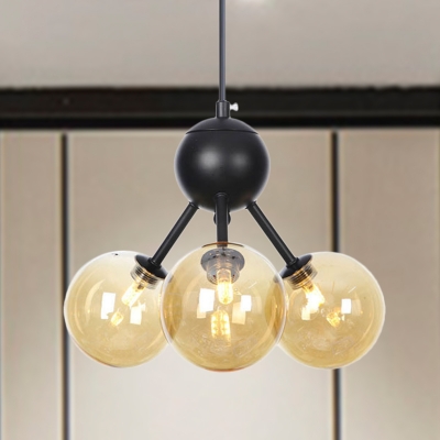 Globe Chandelier Lighting Contemporary Amber Glass 3 Heads Living Room Hanging Pendant Light