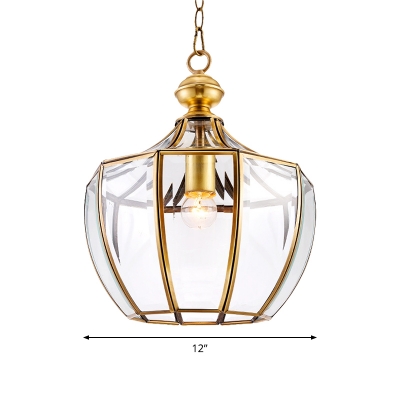 Gold 1 Head Down Lighting Traditional Clear Glass Lantern Pendant Ceiling Light for Balcony