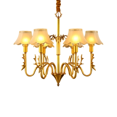 Gold 3/5/6 Bulbs Chandelier Light Colonialist Frosted Glass Ruffled Edge Suspended Lighting Fixture with Elk