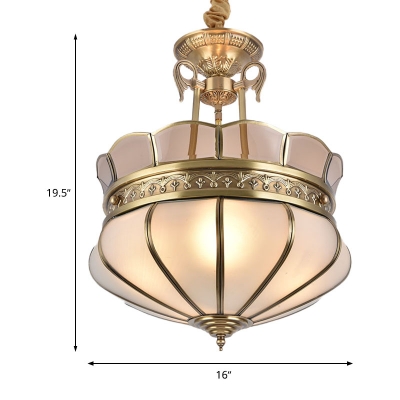 Gold 5/7 Heads Chandelier Light Colonialism Opal Glass Scalloped Suspended Lighting Fixture