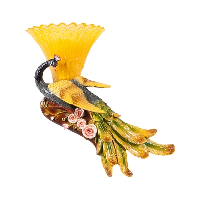 Lodge Style Scalloped Wall Light 1 Head Yellow Glass Wall Sconce Fixture with Peacock Design for Bedroom, Left/Right