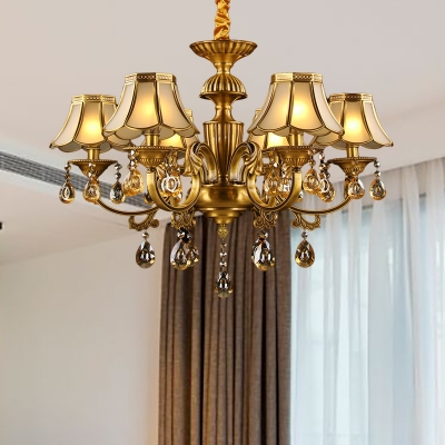 Metal Gold Chandelier Lamp Curved Arm 5/6 Bulbs Colonization Suspension Pendant Light with Amber Crystal Teardrop