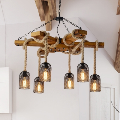 Metal Mesh Shade Chandelier Light Fixture Vintage Style 3/6 Bulbs Brown Ceiling Lamp with Hanging Rope