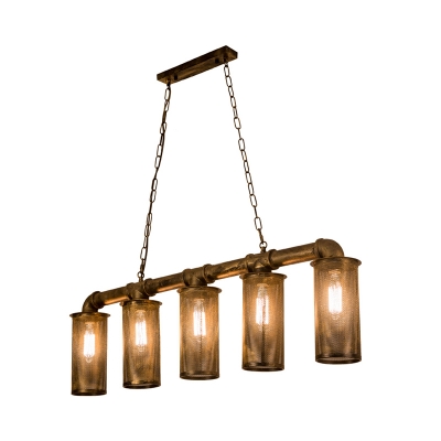 Metallic Pipe Island Ceiling Light Farmhouse Style 5 Lights Brass Finish Ceiling Light with Cylinder Mesh Shade