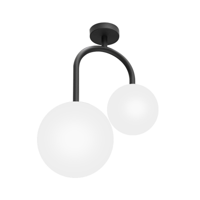 Milk Glass Spherical Semi Flush Contemporary 2 Heads Close to Ceiling Lamp in Black for Bedroom