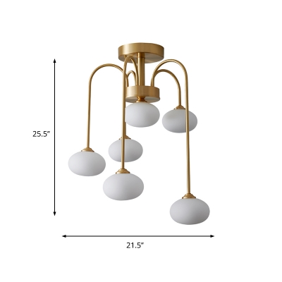 Modern 4/6 Bulbs Semi Flush Gold Round Ceiling Mounted Fixture with Milk Glass Shade