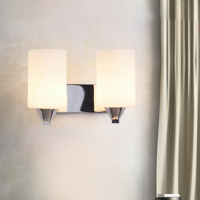 Modernist 2 Bulbs Wall Lighting Chrome Cylinder Sconce Light Fixture with Opal Glass Shade