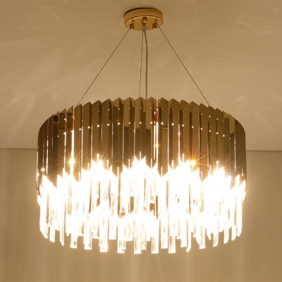 Postmodern Drum Chandelier Light Three Sided Crystal Rod 6 Heads Living Room Hanging Lamp in Gold