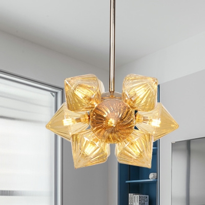 Prism Living Room Semi Flush Light Classic Clear/Amber Glass 9/12 Lights Gold Ceiling Lighting