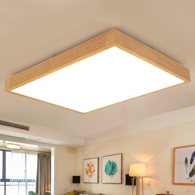 Rectangle Flush Mount Lamp Simple Wood Led Beige Close to Ceiling Lighting for Living Room in Warm/White Light