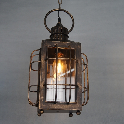 Rectangle Hanging Light Farmhouse Stylish Clear Glass 1 Bulb Restaurant Ceiling Fixture with Wire Guard in Brass