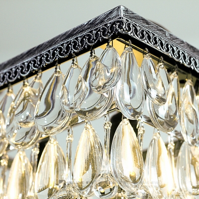 Rectangle Living Room Hanging Lamp Kit Traditional Teardrop Crystal 4/6 Heads Silver Chandelier Lighting
