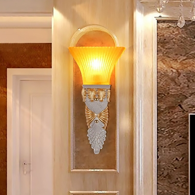 Resin Carved Wall Light Country 1 Light Living Room Gold/Silver/White and Gold Sconce Lamp with Yellow Glass Flared Shade