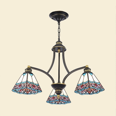 Stained Glass Pyramid Shaped Chandelier Lamp Tiffany 3/6/8 Lights Blue/Red Suspension Pendant Light for Living Room